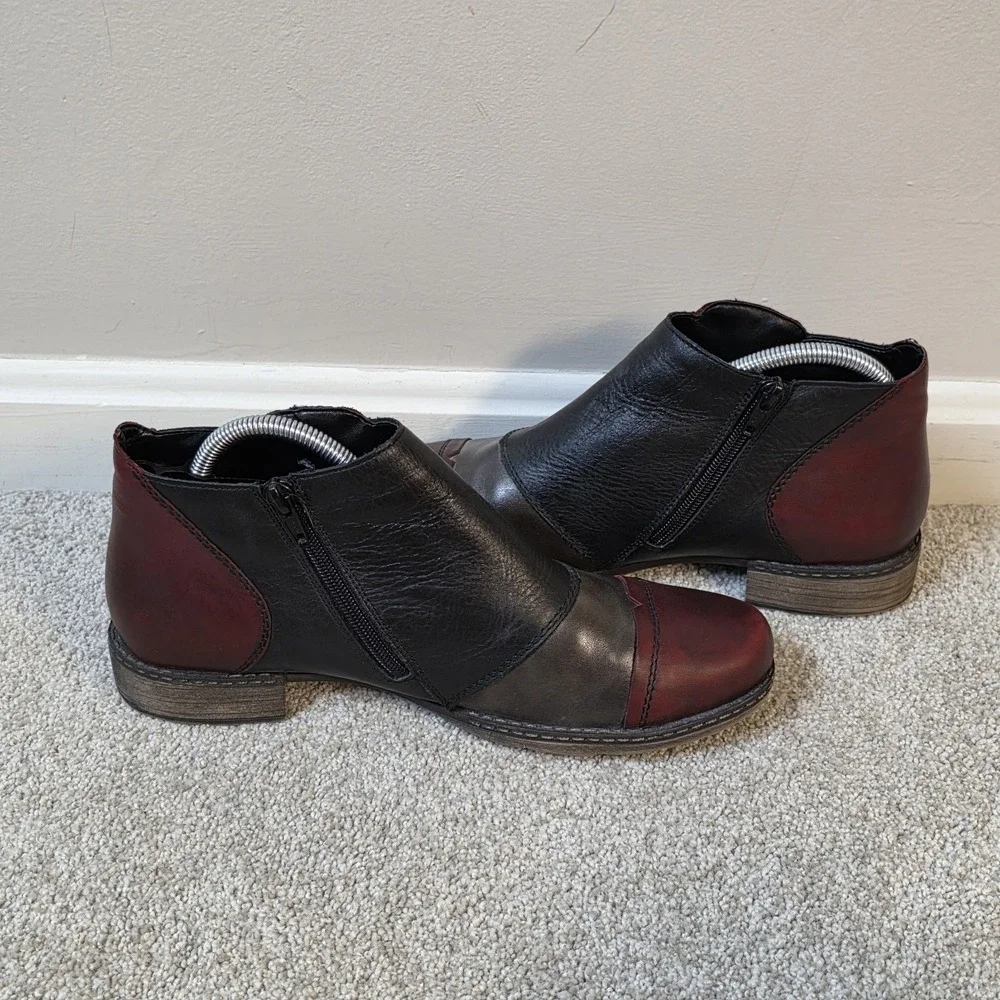 Remonte Zip Up Ankle Boots‎ Red Wine Patchwork Size 41 US 9.5 Shoes NWOB
